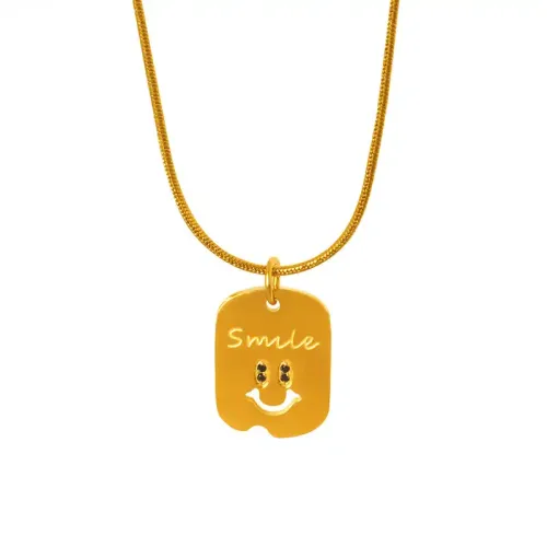 FXNT575 18K Gold Plated Tag Pendant Necklace with Smiley Face & Black and White Zircon Eyes