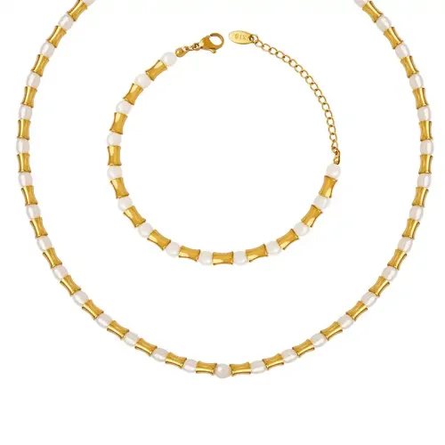 FXNT136 Ethnic Freshwater Pearl Necklace and Bracelet Set with Small Waist Stitching Design