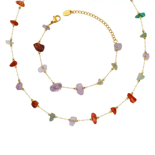 FXNT222 Ethnic Gold-Plated Jewelry Set with Forest Color Natural Stone Pendant & Bracelet