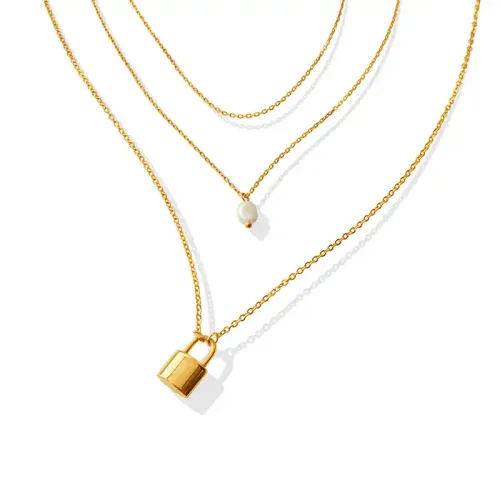FXNT748 Triple-Layer Pearl Lock Necklace, 18K Gold Plated Clavicle Chain