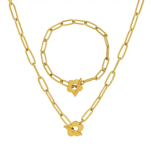 FXNT264 Japanese-Korean Xiaoqing Thick Chain Necklace & Bracelet Set with Geometric Plum Blossom OT Clasp