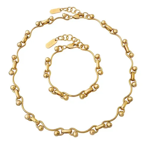 FXNT175 Gold-Plated Stacked Jewelry Set Interlocking Thick Chain Necklace & Bracelet
