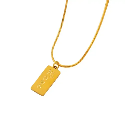 FXNT1093 Minimalist Love engrave Square Pendant Necklace, 18K Gold Plated Snake Chain