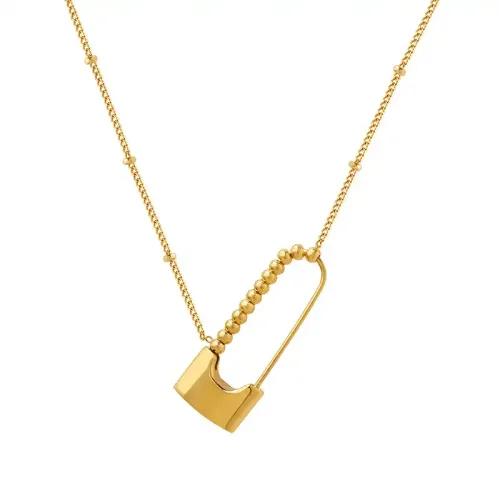 FXNT571 18K Real Gold Plated Minimalist Pin Lock Pendant Necklace Women's Clavicle Chain
