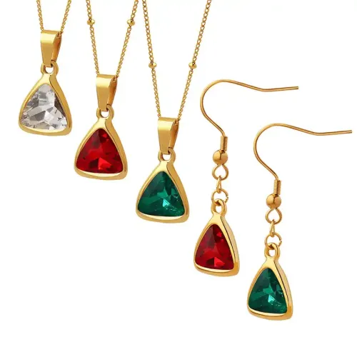 FXNT681 Crystal Triangle Pendant Necklace & Earrings Set Dreamy Gentle Fashion Jewelry