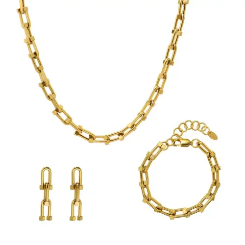 FXNT1225 18K Gold U-Shaped Horseshoe Buckle Necklace & Earrings Set for Women Hip-Hop Inspired