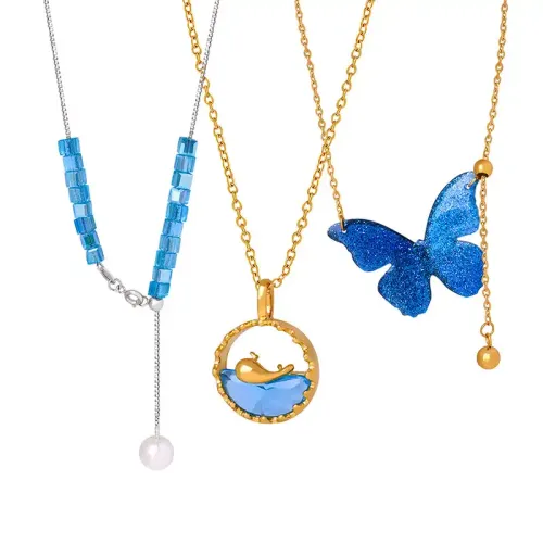 FXNT122 Unisex Gold-Plated Jewelry Set with Blue Pendant & Tassel Chain Elegant Accessory for Men and Women