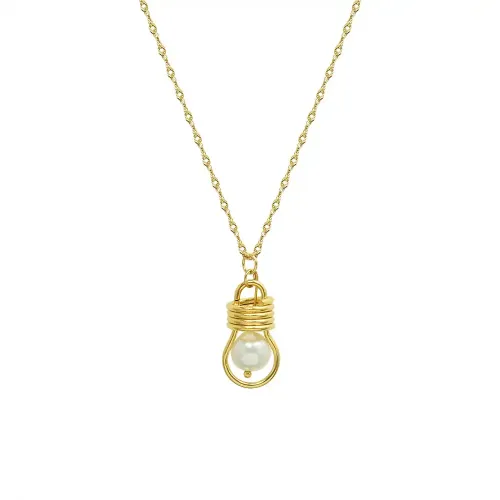 FXNT789 18K Gold Imitation Pearl Pendant, Women's Light Bulb Clavicle Chain Necklace