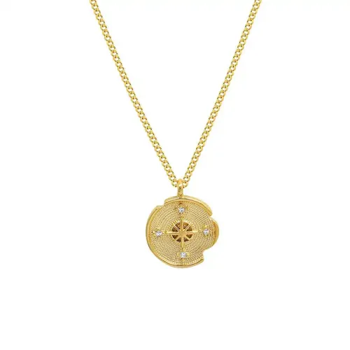 FXNT544 18K Gold Clavicle Chain Necklace with Zircon Mirror Medallion Pendant