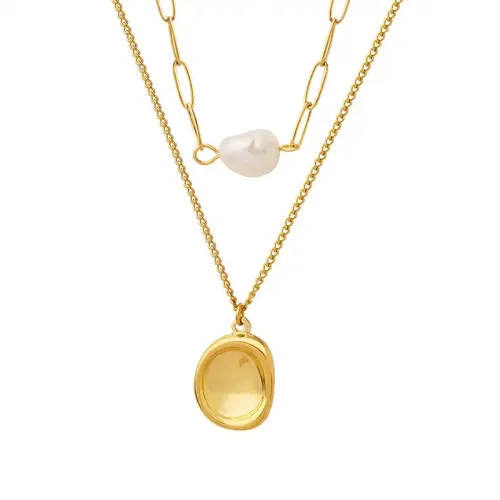 FXNT366 Double-Layered Gold-Plated Women's Necklace with Concave-Convex Pendant & Stacked Freshwater Pearls