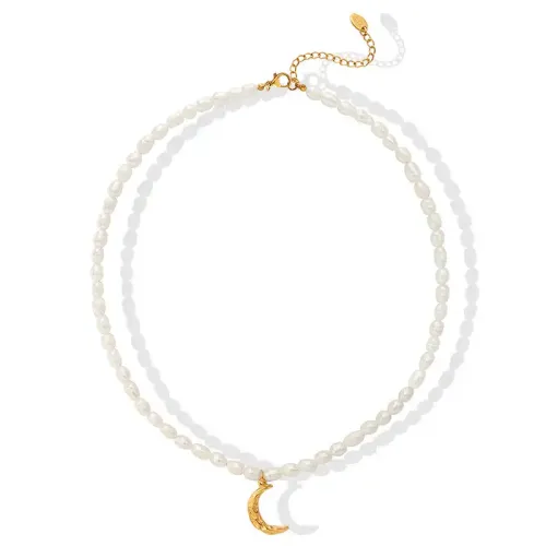 FXNT88 Gold Plated Moon Pendant Necklace with Natural Freshwater Pearl Clavicle Chain