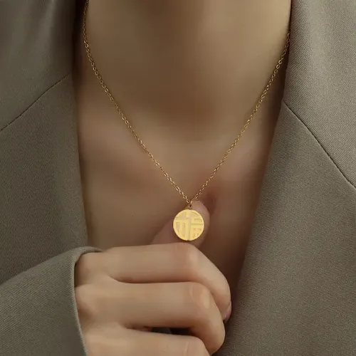 FXNT1148 18K Gold Plated Lucky Fortune Necklace – Festive Chinese Blessing Collarbone Chain
