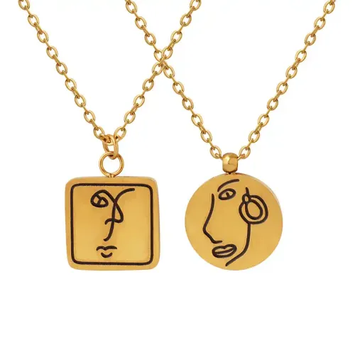 FXNT1062 Parisian Street Style Geometric Necklace Round & Square Face Pendant Jewelry