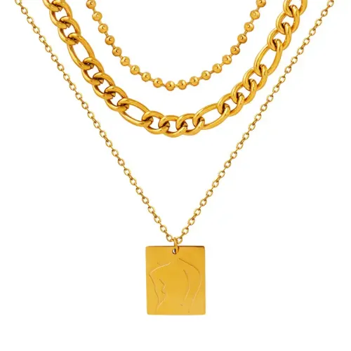 FXNT1165 Geometric Multi-Layer Necklace, Abstract Curve Square Pendant for Women