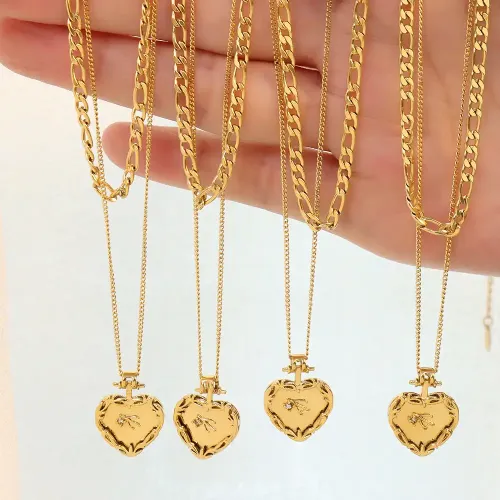 FXNT271 Double Layer Heart-Shaped Pendant Necklace Clavicle Chain for Women