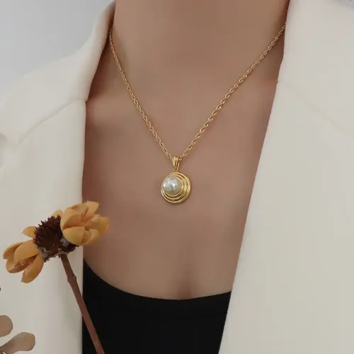 FXNT396 Elegant Threaded Imitation Pearl Pendant Women's 18K Gold Plated Sweater Chain