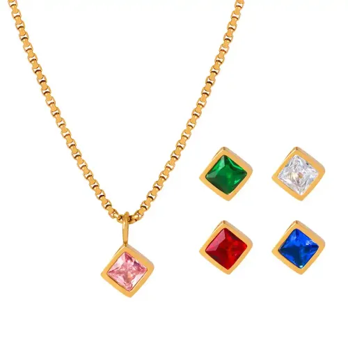 FXNT79 Multi-Color Zircon Gemstone Pendant Square Banquet Necklace with Inlay