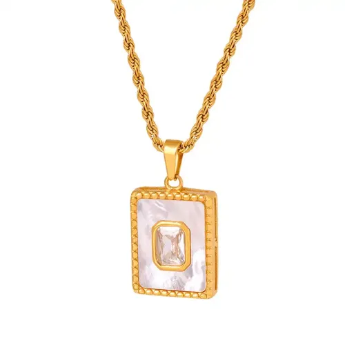 FXNT70 Chic Square White Sea Shell Zircon Pendant Twist Chain Collar Necklace in Stainless Steel