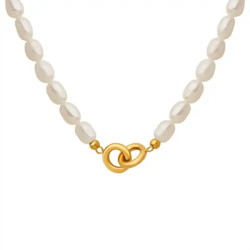 FXNT111 Secure Double-Buckle Gold-Plated Necklace with Freshwater Pearls That Won't Fall Off
