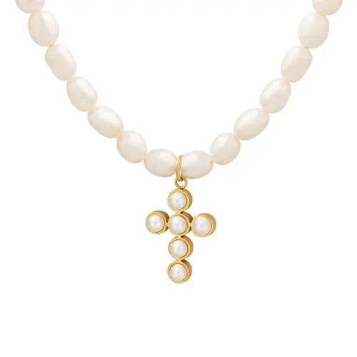 FXNT316 Chic Imitation Pearl Cross Pendant & Freshwater Necklace Elegant Jewelry Accessory