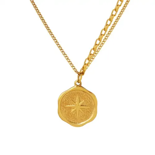 FXNT1175 18K Gold-Plated Double Chain Necklace with Eight-Pointed Star Pendant for Clavicle