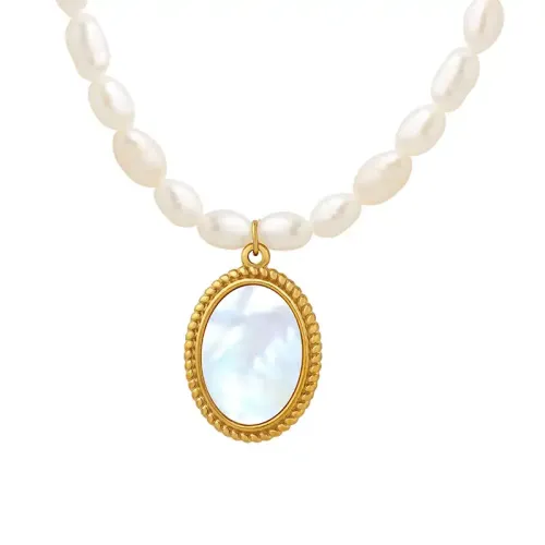 FXNT331 Chic Oval Natural Pearl Necklace with White Sea Shell Pendant
