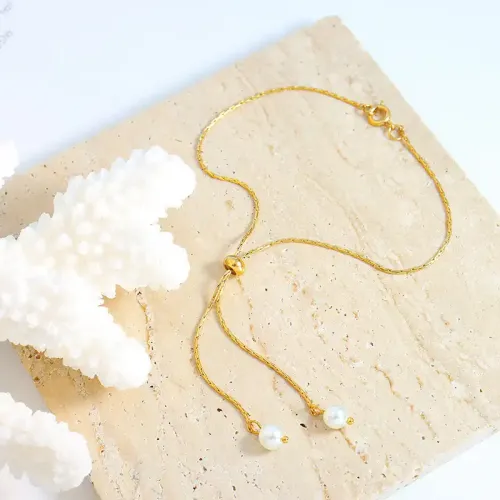 FXNT118 Refined Pearl Drop Necklace & Bracelet Set with Square Chain Pull-Out Design