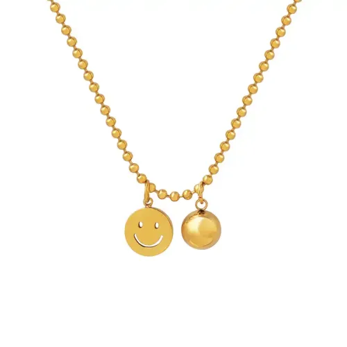 FXNT711 18K Gold-Plated Geometric Smiley Face Pendant with Ball Chain Necklace