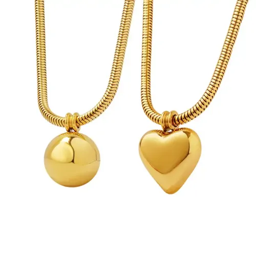 FXNT583 Gold-Plated Punk Snake Chain Necklace with Round Ball & Peach Heart Pendant