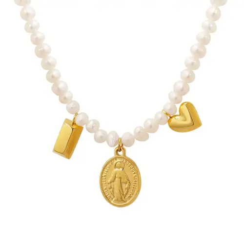 FXNT644 Elegant Gold Chain Necklace with Irregular Freshwater Pearls & Heart-Shaped Pendant