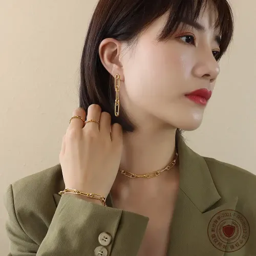 FXNT1218 18K Gold Luxe Paper Clip Chain Choker & Bracelet Earrings Set