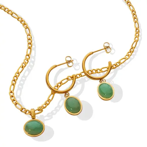FXNT241 Bohemian Natural Green Aventurine Pendant Necklace & Earrings Set Ethnic Jewelry Accessories