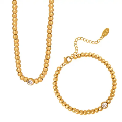 FXNT99 Chinese Style Gold Plated Jewelry Set with Beaded Necklace Bracelet & Zircon Pendant