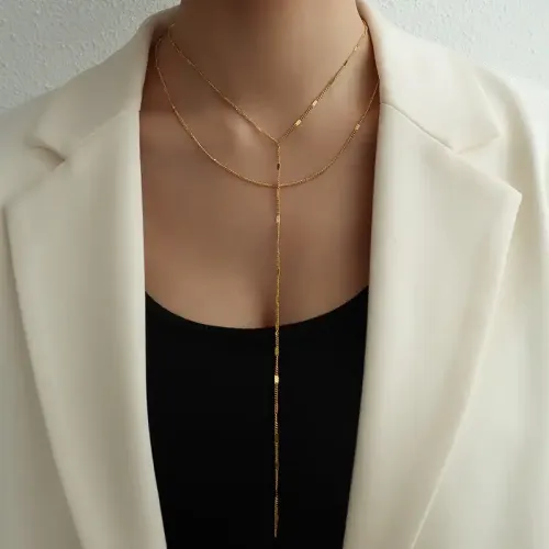 FXNT588 18K Gold Layered Tassel Necklace Double Side Chain Clavicle Jewelry