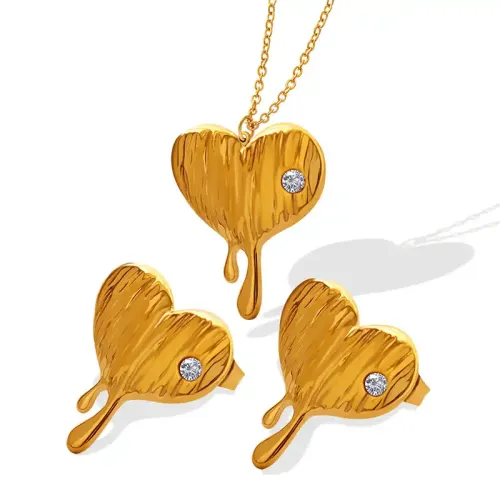 FXNT703 Chic Melted Heart Jewelry Set with Zircon Inlay Necklace & Earrings Duo