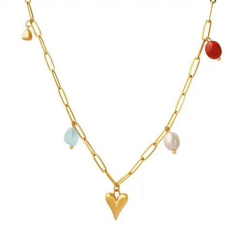 FXNT36 Gold-Plated Peach Heart Necklace with Freshwater Pearl & Lotus Natural Stone