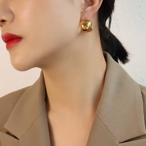 FXNT1167 18K Gold-Plated C-Shaped Hoop Earrings with Round Ball Accent