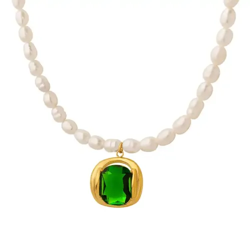 FXNT582 Natural Freshwater Pearl Necklace with Emerald Zircon Pendant & Elegant Strand