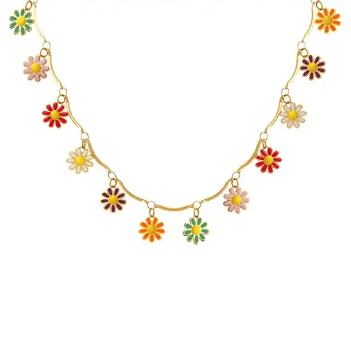 FXNT479 Vibrant Floral Oil Drop Pendant Necklace Non-Fading Autumn-Winter Pastoral Jewelry