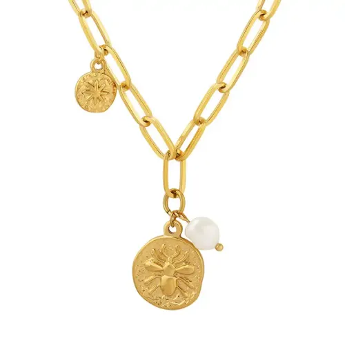 FXNT411 Hip Hop Geometric Bee Pendant with Freshwater Pearl Necklace Original Brand Jewelry