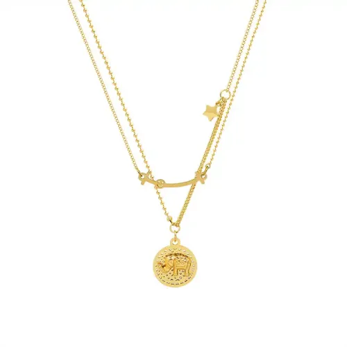 FXNT1248 Elephant Circle Pendant & Smile Charm Double Layer Stacking Clavicle Necklace