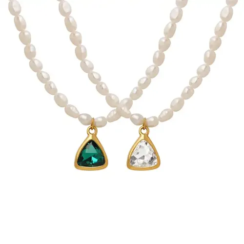 FXNT433 Luxurious Green & White Freshwater Pearl Necklace with Sparkling Crystal Angular Pendant