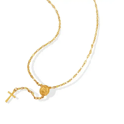 FXNT1073 Gold Plated Geometric Cross Pendant Necklace, Round Clavicle Chain for Women