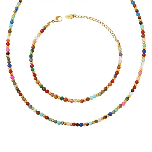 FXNT74 Bohemian Ethnic Jewelry Set with Colorful Natural Stone Beads Necklace & Bracelet Combo