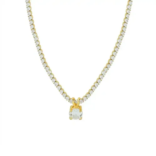 FXNT312 Micro-Plated Single Diamond Pendant Necklace with Full Diamond Cut Chain