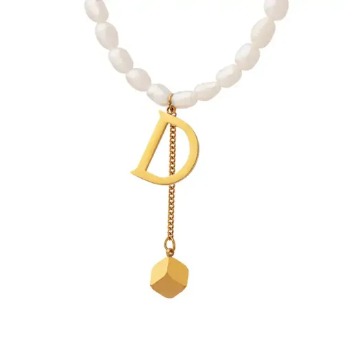 FXNT660 Socialite's Geometric D-Letter Tassel Necklace with Freshwater Pearl & Square Pendant