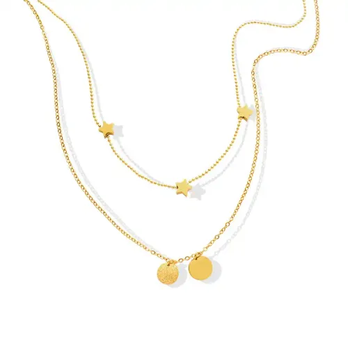 FXNT723 Korean 18K Gold-Plated Star Double Layer Necklace, Frosted Round Clavicle Chain