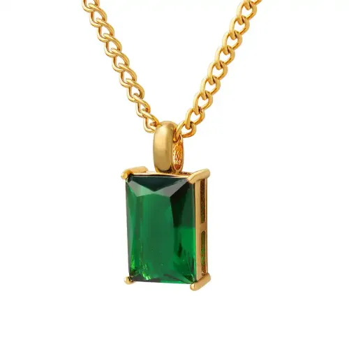 FXNT365 Unisex Hong Kong Style 18K Gold Plated Emerald Zircon Square Pendant Necklace