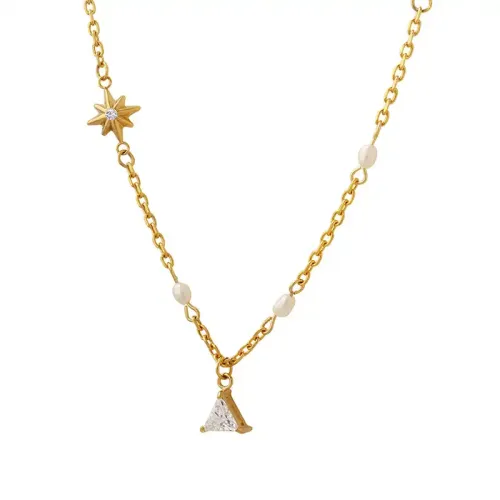 FXNT104 Geometric Star Triangle Pendant Necklace with Zircon & Freshwater Pearls