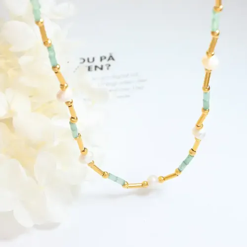 FXNT71 Bohemian Aventurine & Freshwater Pearl Necklace with OT Buckle Artisan Jewelry Accessory